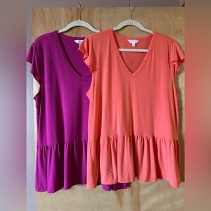 Time and Tru V-Neck Ruffle Hem Tops - Set of 2